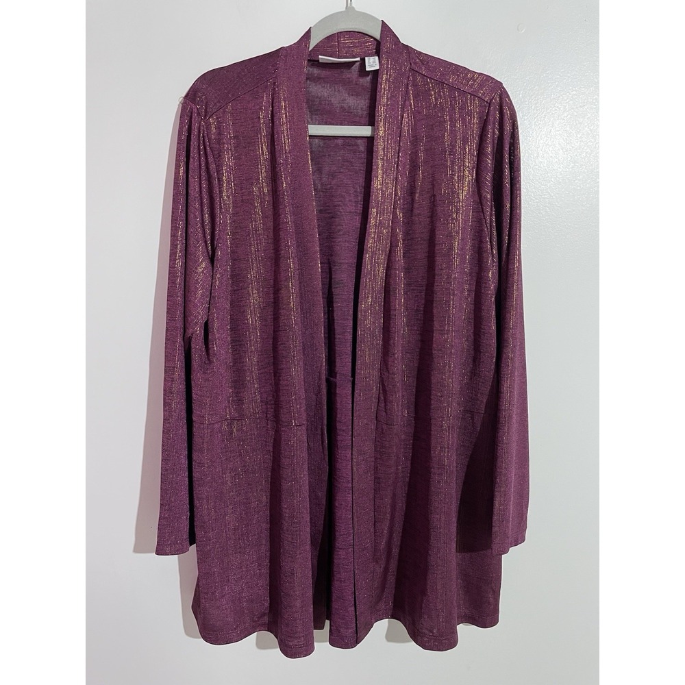 Susan Graver Cardigan 1X Purple Gold Metallic Minimalist Office Corpcore Brunch